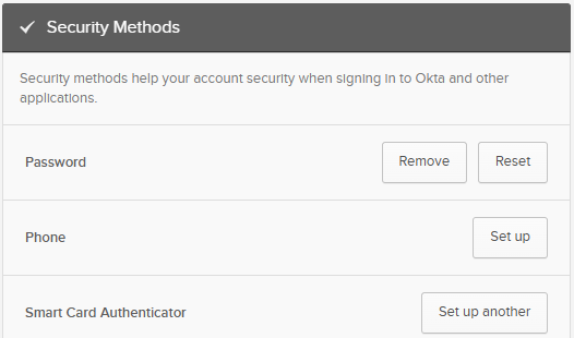 Security Methods section listing Password, Phone and Smart Card Authenticator, each with a set up button